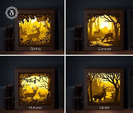 Beautiful Four Seasons Landscape Light Box Template, 3D Shadow Box SVG, Paper Cutting Template, Light Box SVG Files (8x8in)