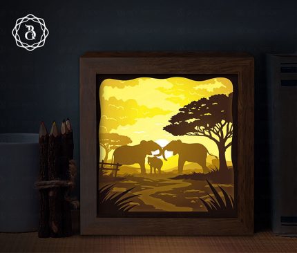 Elephant Family Light Box Template, 3D Shadow Box SVG, Paper Cutting Template, Light Box SVG Files (20x20cm)