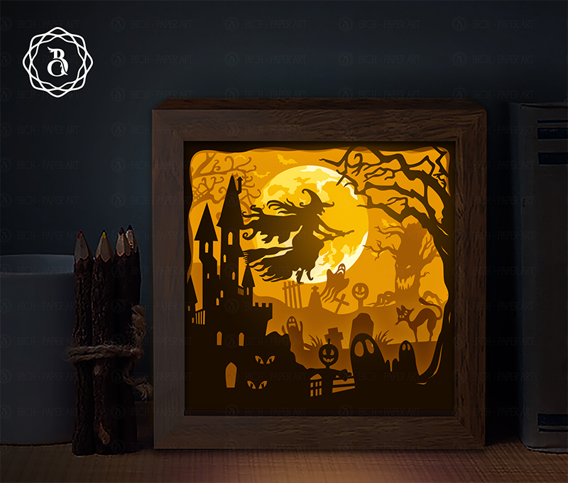 Halloween Paper cutting light box shadow box 3D papercut svg