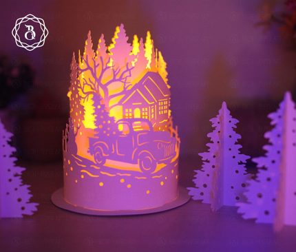 Paper Cut Lamp Christmas Truck With Tree - Paper Cutting Template - DIY Paper Cut Lamp - Xmas SVG Files - Merry Christmas Paper Lanterns