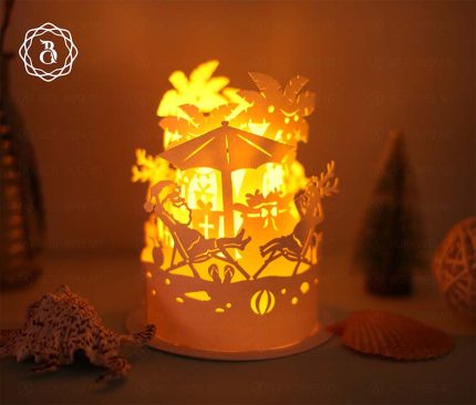 Paper Lanterns Santa Claus And Reindeer Chilling Out On Beach - Paper Cut Template - DIY Paper Cut Lamp - Tropical Christmas Paper Lanterns