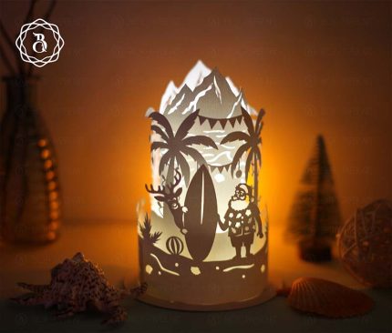 Paper Lanterns Tropical Christmas Santa Surfing - Paper Cutting Template - DIY Paper Cut Lamp - Xmas SVG Files - Christmas Paper Lanterns
