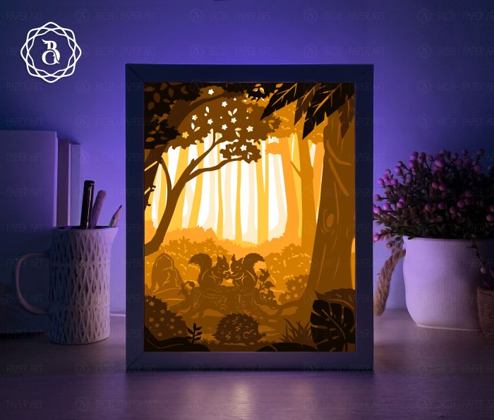 Squirrels In The Forest Shadowbox, Paper Cutting Template, Shadow box SVG, Light box SVG Files (10x8in)